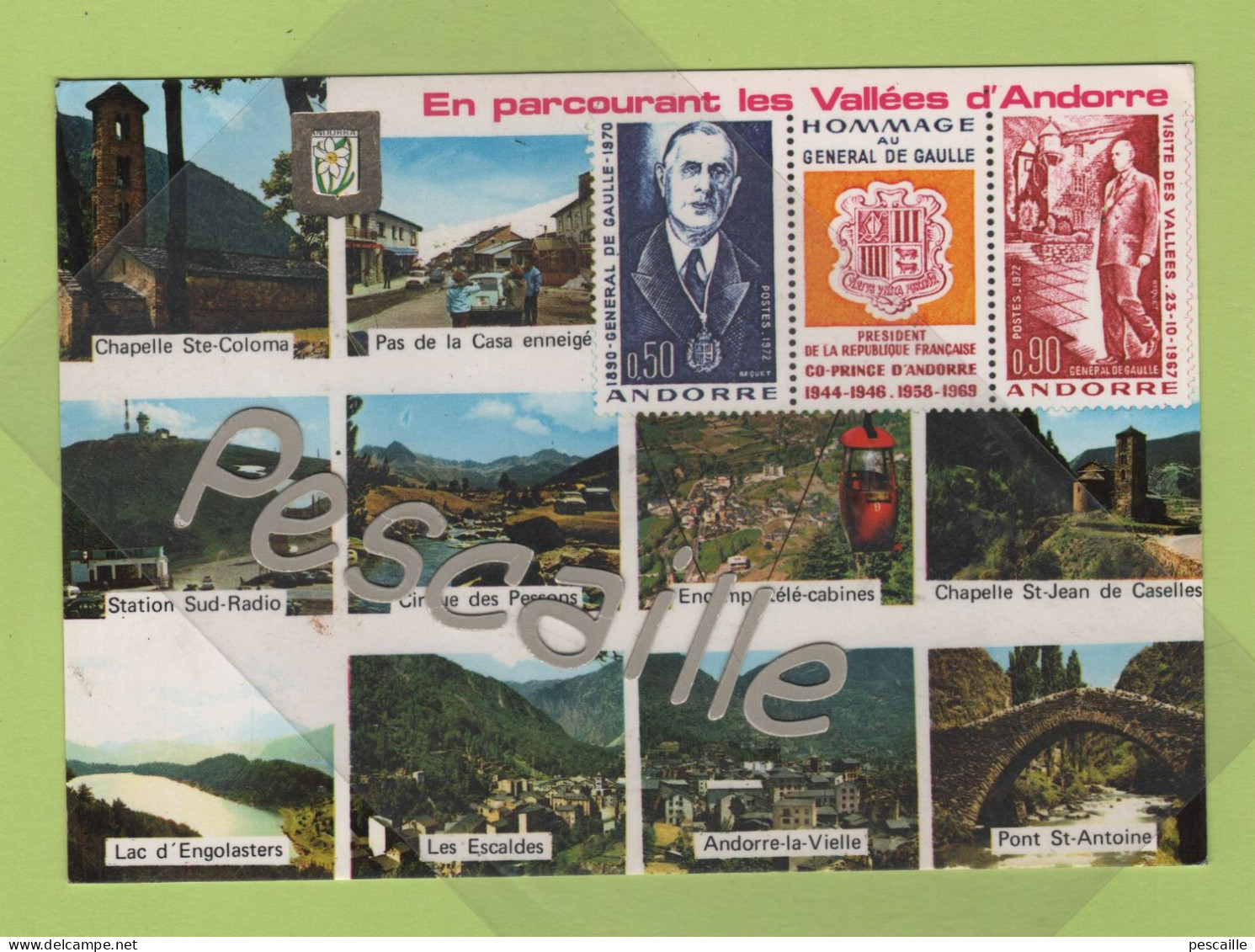 CP MULTIVUES EN PARCOURANT LES VALLEES D'ANDORRE - BLASON - TIMBRES HOMMAGE AU GENERAL DE GAULLE - - Andorra