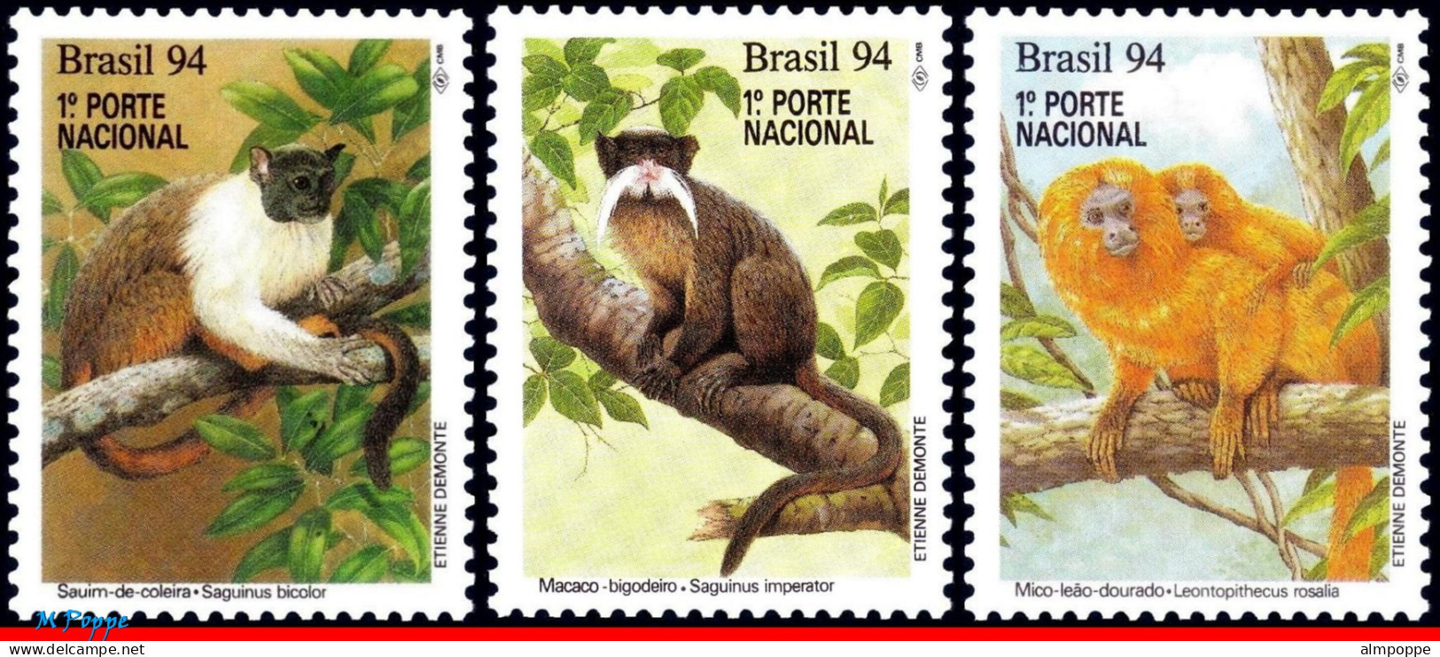 Ref. BR-2474-76 BRAZIL 1994 - MONKEYS, NATURE,PRESERVATION, MI# 2589-2591, SET MNH, ANIMALS, FAUNA 3V Sc# 2474-2476 - Neufs