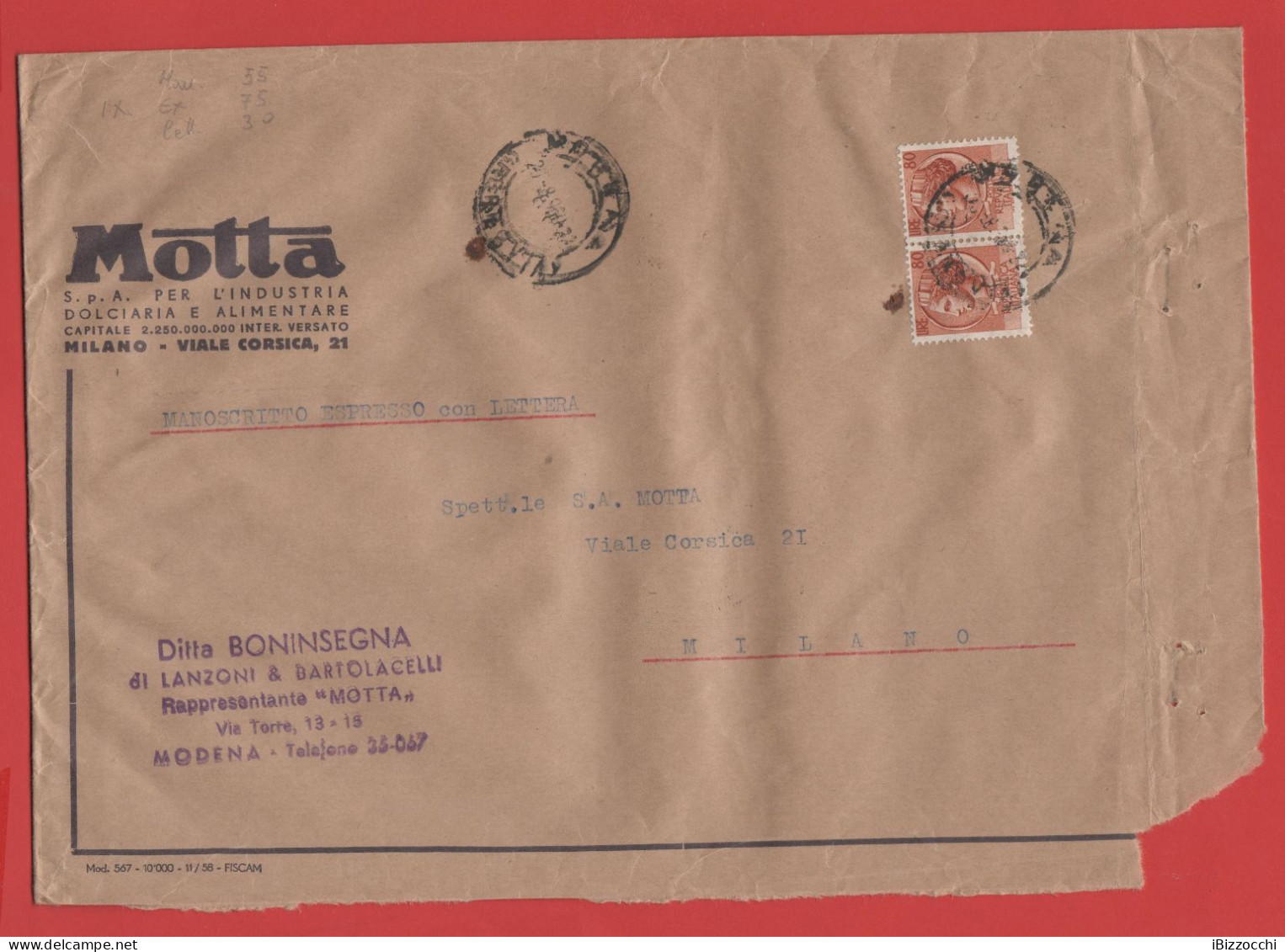 ITALIA - Storia Postale Repubblica - 1960 - 2x 80 Antica Moneta Siracusana - Viaggiata Da Modena Per Milano - 1946-60: Poststempel