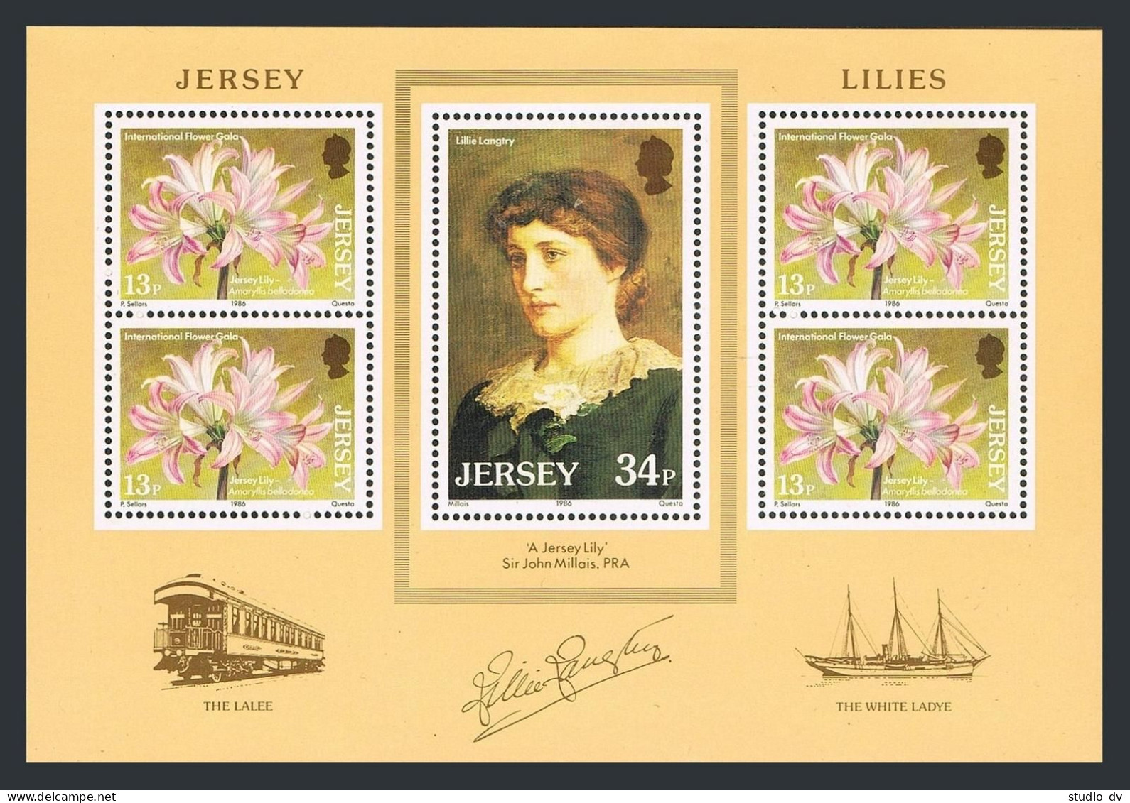 Jersey 391-392,392a, MNH. Mi 372-373,Bl.4. Lily. Lillie Langtry.By Millais.1986. - Jersey