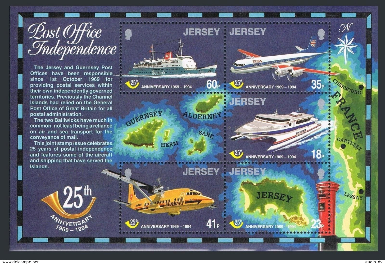 Jersey 689a, MNH. Michel Bl.9. Postal Independence, 25th Ann. Map, Ship, Planes. - Jersey
