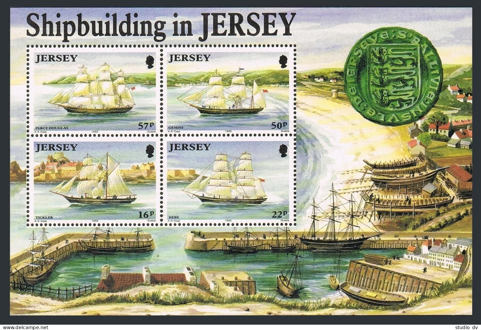 Jersey 599a, MNH. Mi Bl.6. Shipbuilding 1992. Percy Douglas,Gemini, Tickler,Hebe - Jersey