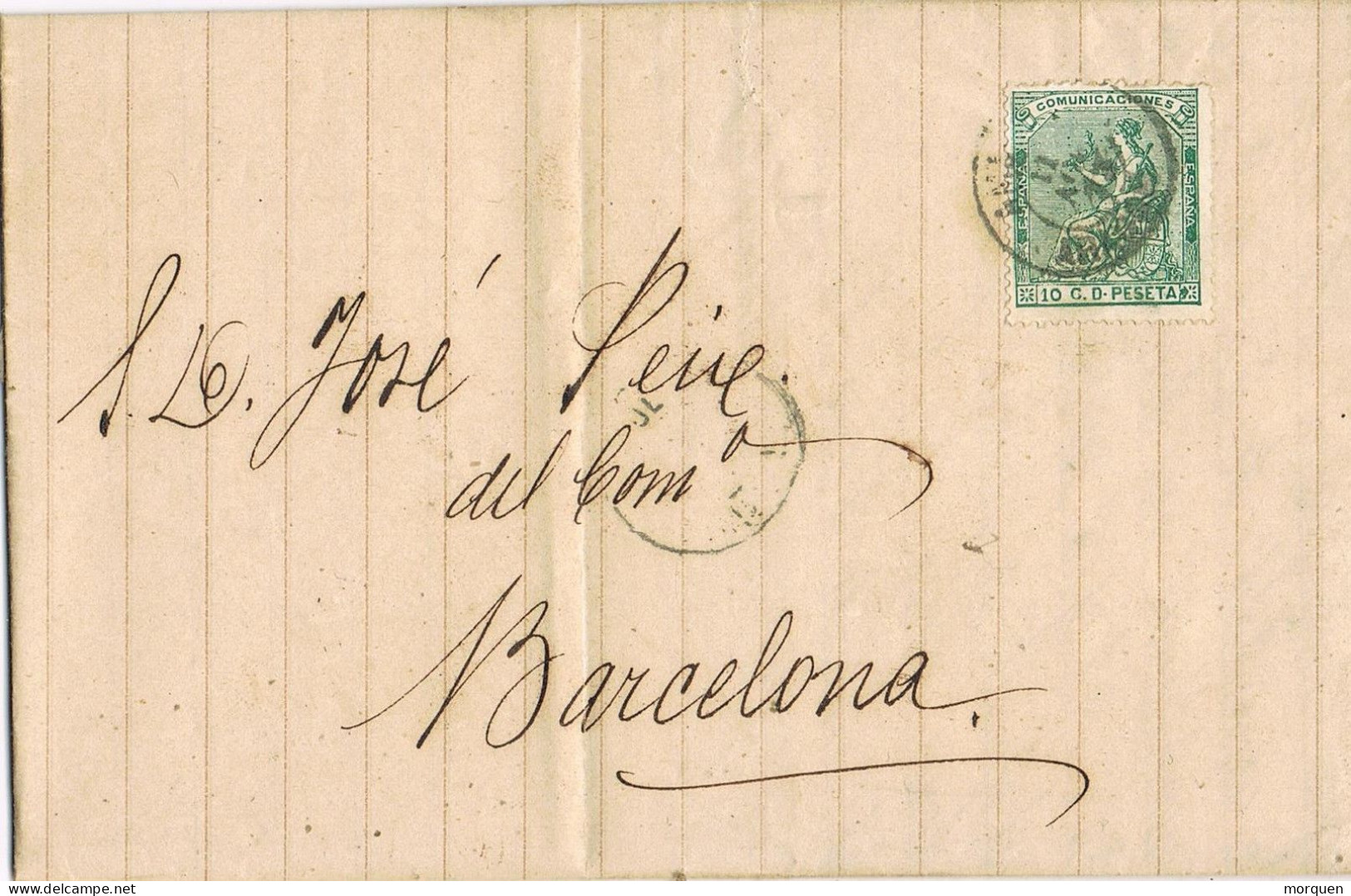 54900. Carta Entera TARRASA (Barcelona) 1873. Sello Alegoria España, Fechador AMBULANTE Aragon - Briefe U. Dokumente