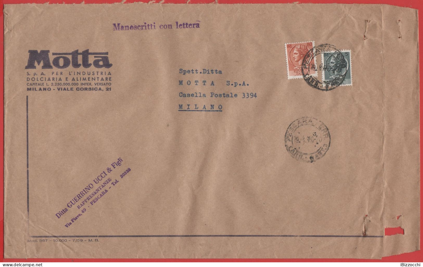ITALIA - Storia Postale Repubblica - 1960 - 80 Antica Moneta Siracusana + 5 Antica Moneta Siracusana - Viaggiata Da Pesc - 1946-60: Marcophilie