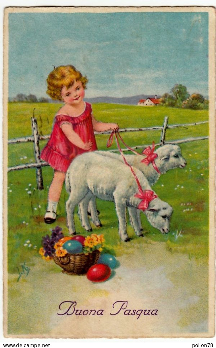 BUONA PASQUA - BAMBINA CON AGNELLI - 1932 - Vedi Firma Illustratore - Vedi Retro - Formato Piccolo - Ostern