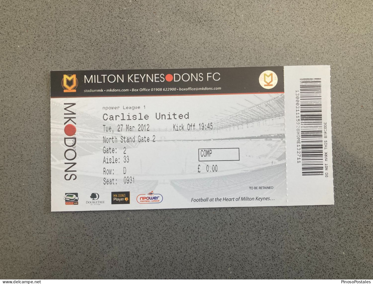 Milton Keynes Dons V Carlisle United 2011-12 Match Ticket - Tickets D'entrée