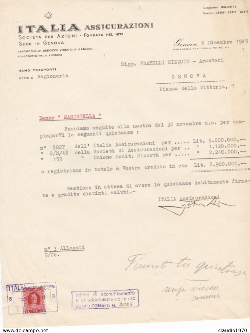 GENOVA - DOCUMENTO - FATTURA - ITALIA  ASSICURAZIONI  - 1949 - Italia