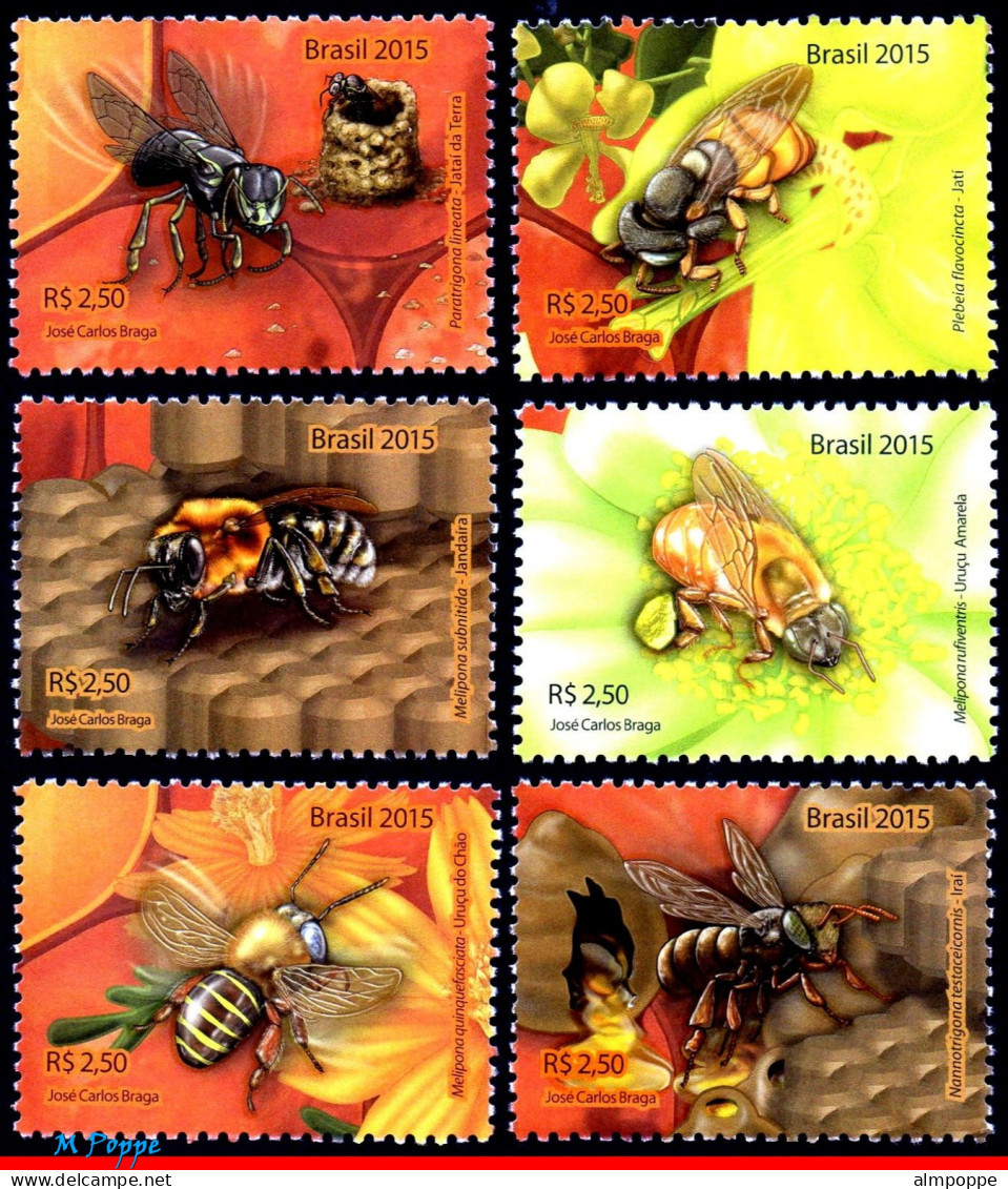 Ref. BR-3304-S BRAZIL 2015 - BEES, WITH AROMATIC RESIN, STAMPS OF MINI SHEET MNH, INSECTS 6V Sc# 3304 - Bienen