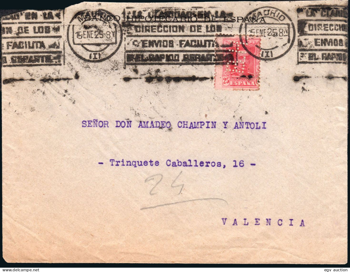 Madrid - Perforado - Edi O 317 - Sobre "B.H." (Banco) A Valencia - Lettres & Documents