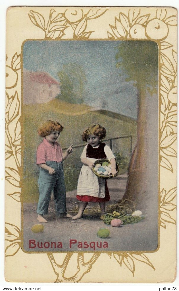 BUONA PASQUA - COPPIA BAMBINI - 1916 - Profili Dorati - Vedi Retro - Formato Piccolo - Easter