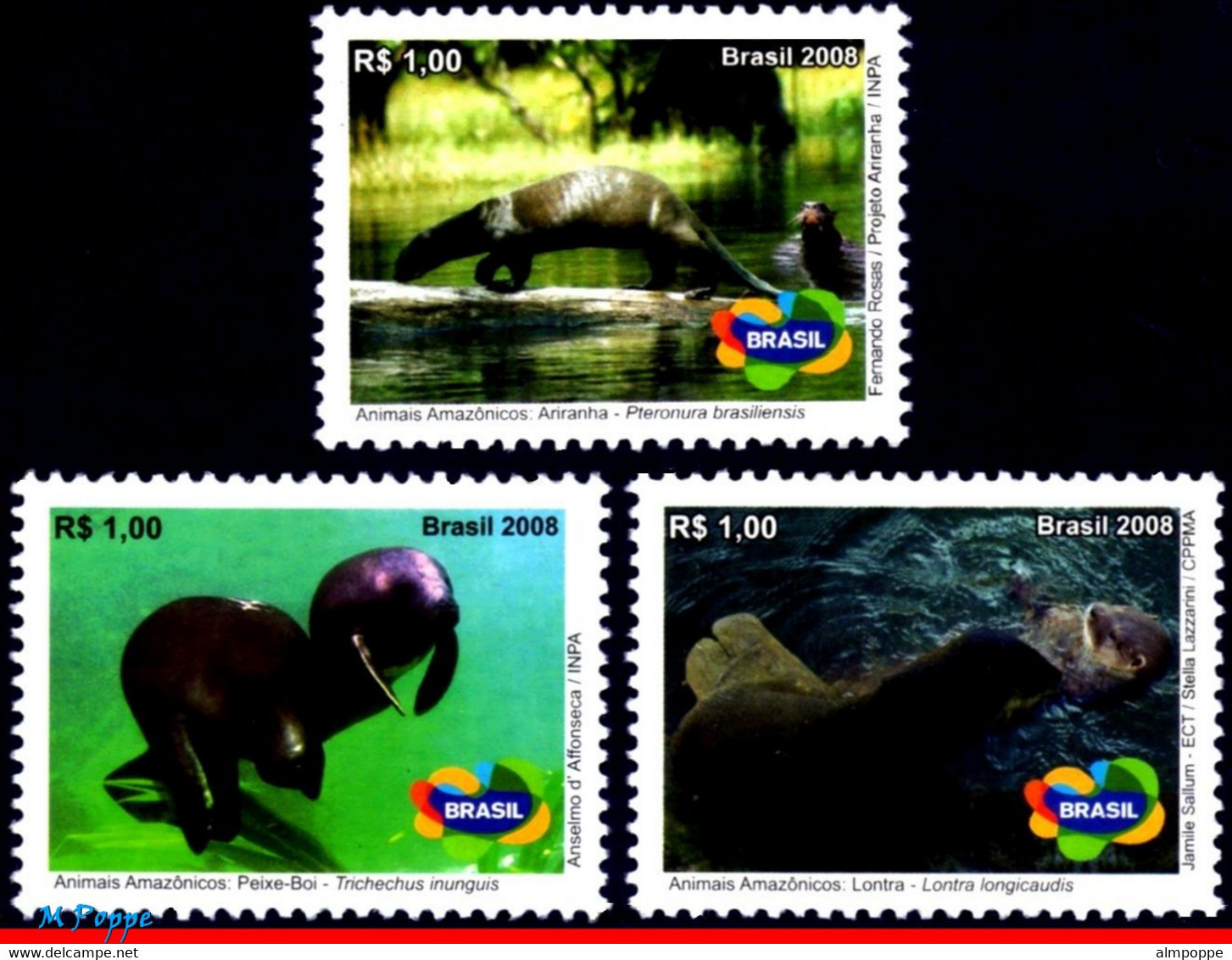 Ref. BR-3057-59 BRAZIL 2008 ANIMALS, FAUNA, ENDANGERED ANIMALS OF THE, AMAZON, NUTRIA,MANATEE,OTTER,MNH 3V Sc# 3057-59 - Unused Stamps