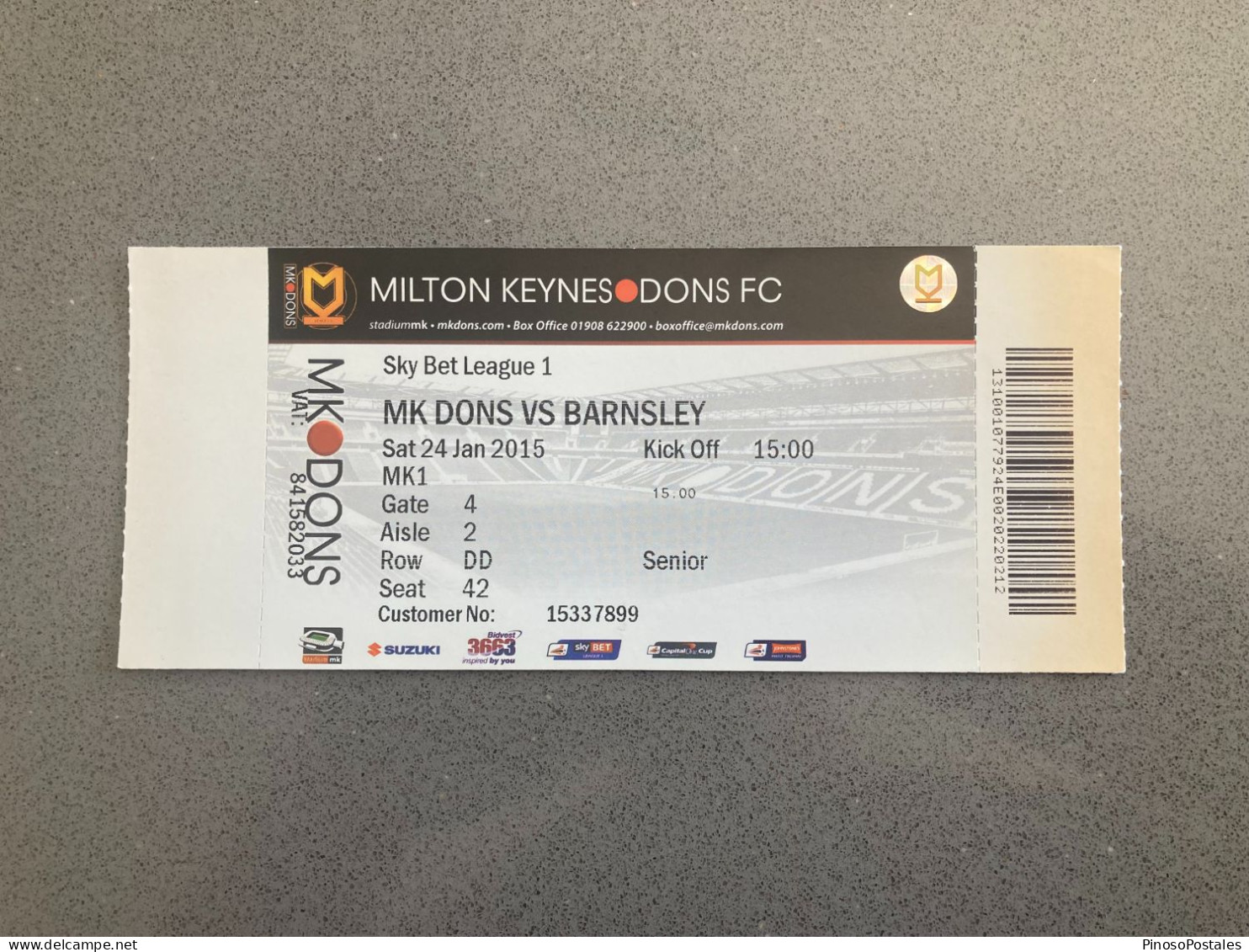 Milton Keynes Dons V Barnsley 2014-15 Match Ticket - Eintrittskarten