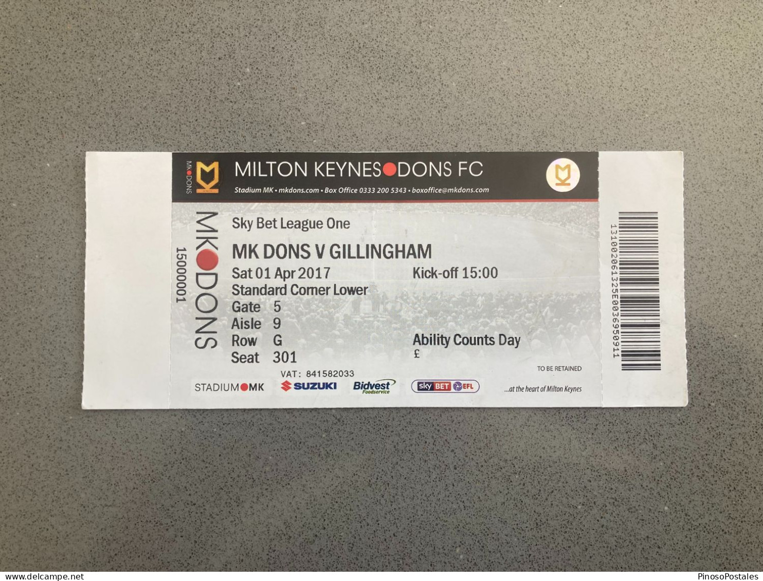 Milton Keynes Dons V Gillingham 2016-17 Match Ticket - Tickets D'entrée