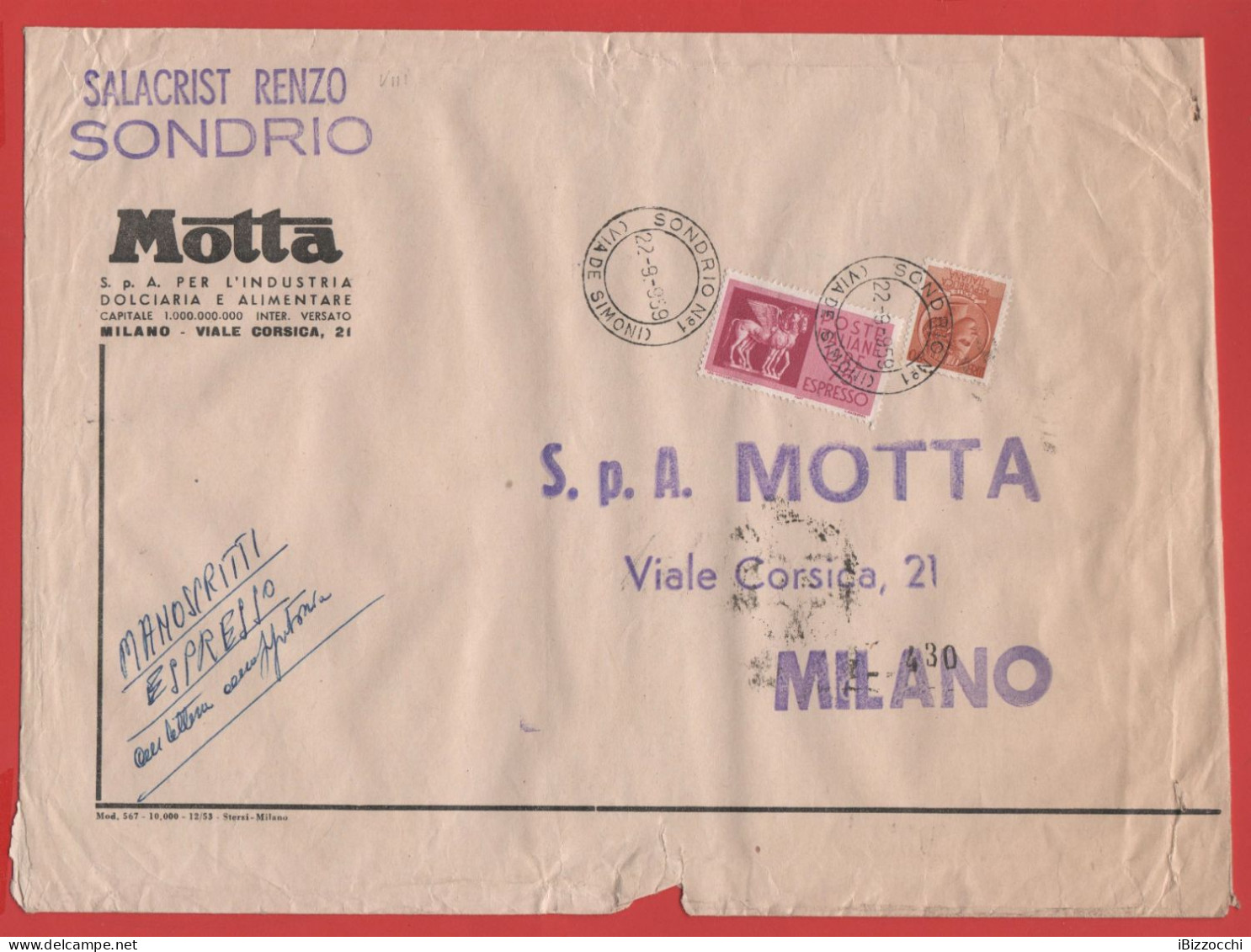 ITALIA - Storia Postale Repubblica - 1959 - 80 Antica Moneta Siracusana + 75 Cavalli Alati - ESPRESSO - Viaggiata Da Son - 1946-60: Marcophilie