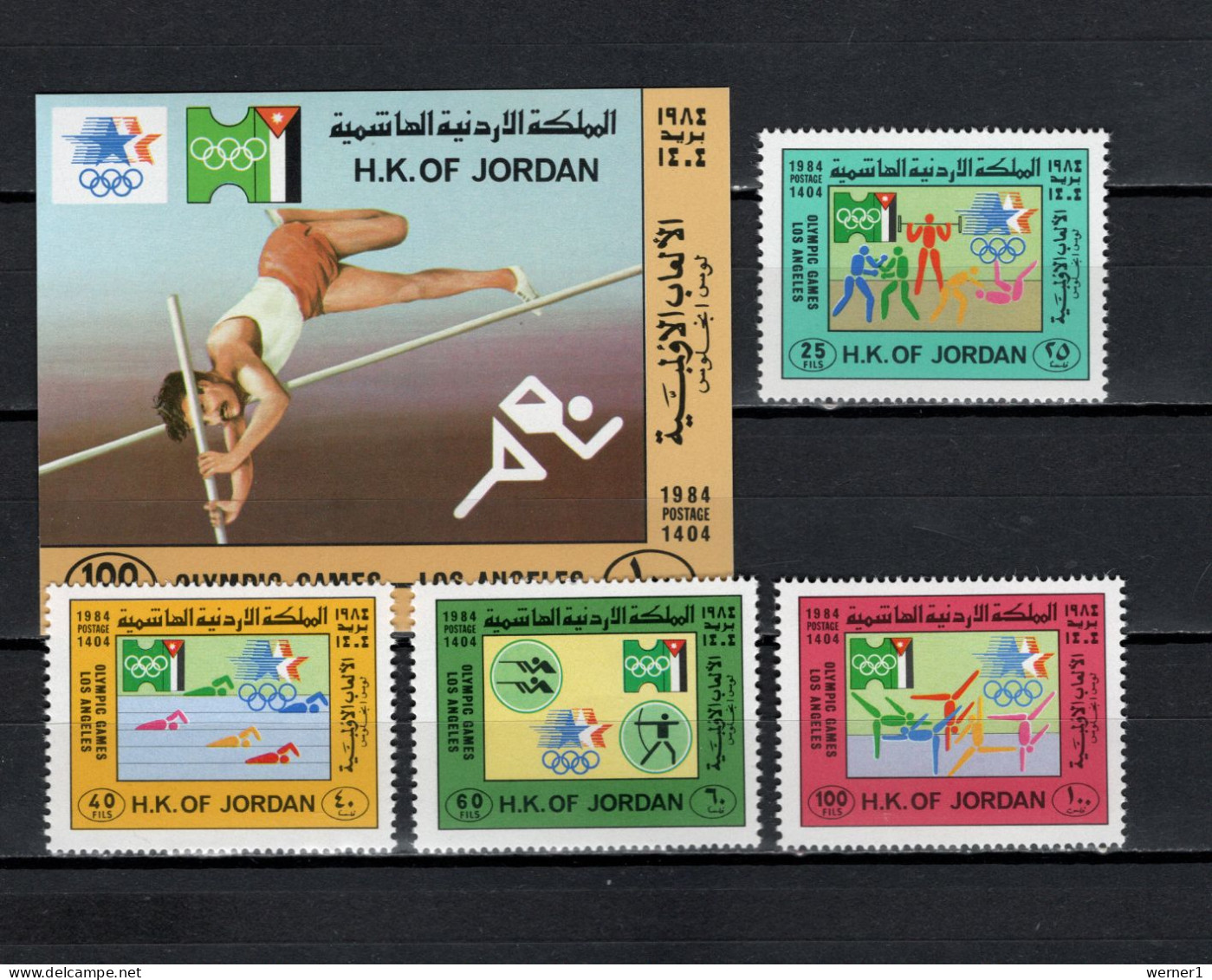 Jordan 1984 Olympic Games Los Angeles, Weightlifting, Swimming, Shooting Etc. Set Of 4 + S/s MNH - Estate 1984: Los Angeles