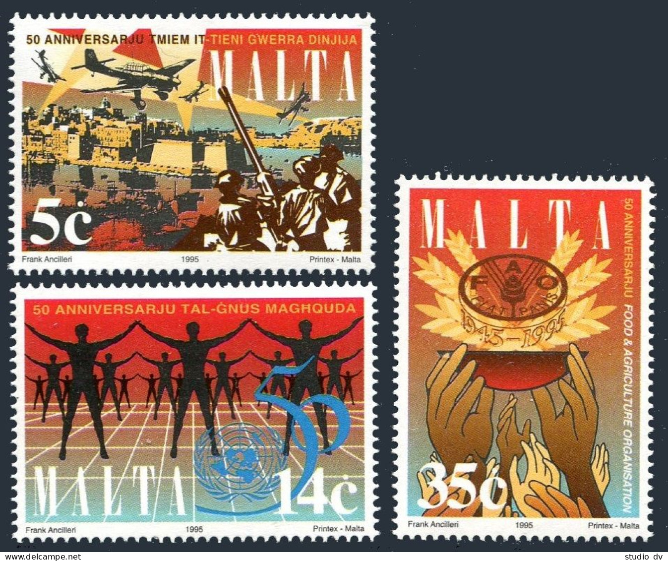 Malta 859-861,MNH. Mi 956-958. End Of WW II, Formation Of UN, FAO 50th Ann. 1995 - Malta