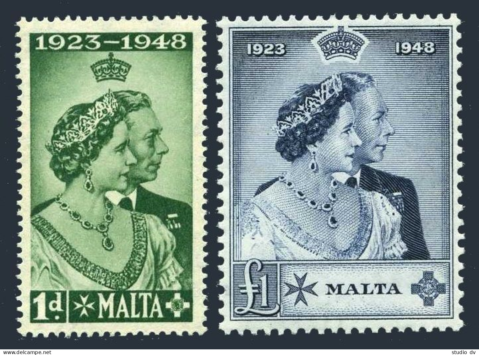 Malta 223-224, Hinged. Mi 214-215. Silver Wedding, 1948. George VI & Elizabeth. - Malte