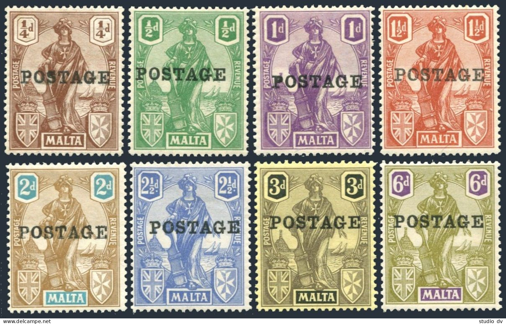 Malta 116-122.124,MLH/MNH. Mi 101/109. Allegory Malta Surcharged POSTAGE, 1926. - Malta