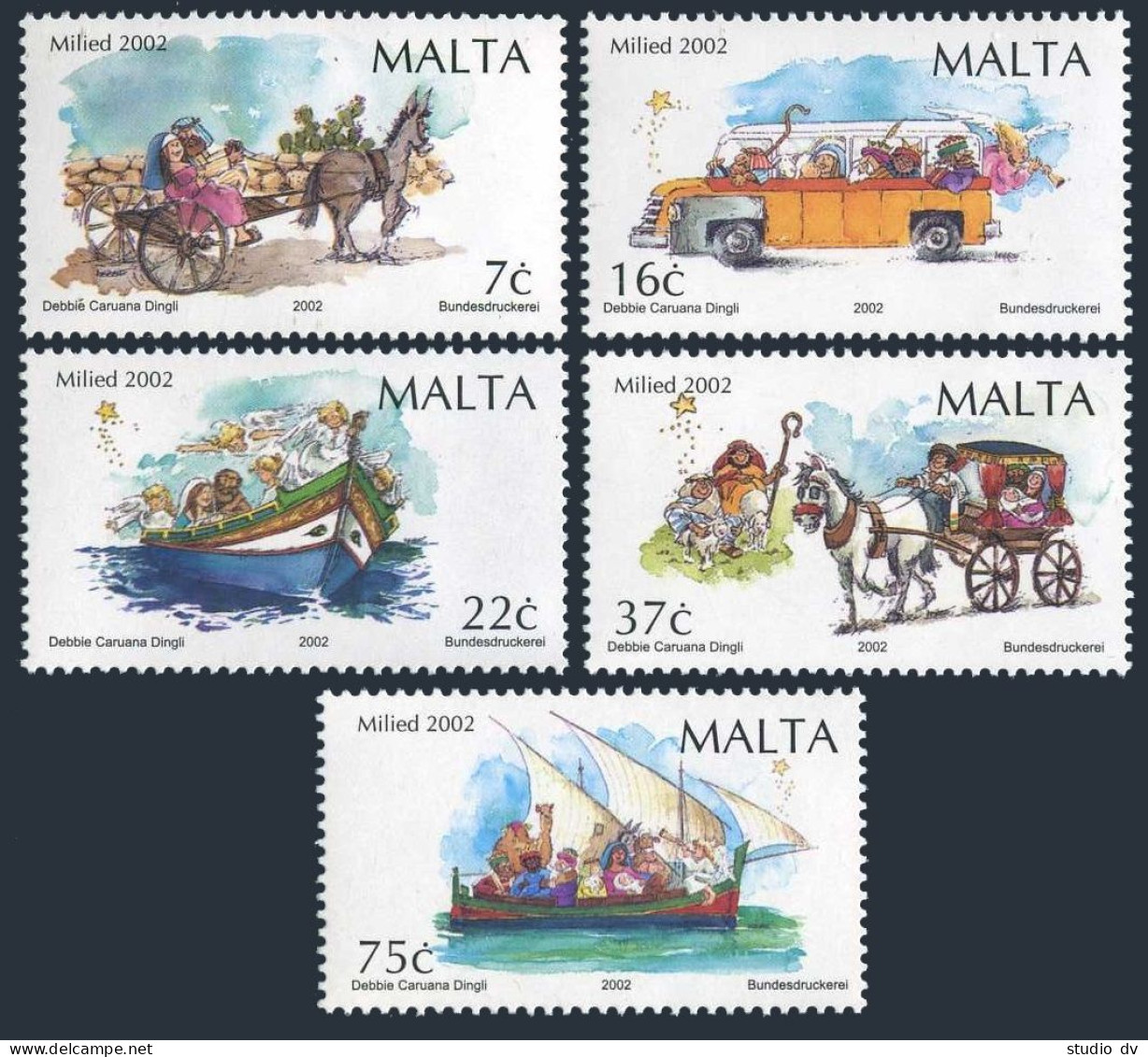 Malta 1097-1101,MNH. Christmas 2002.Nary And Joseph,donkey Cart,bus,galley, - Malta
