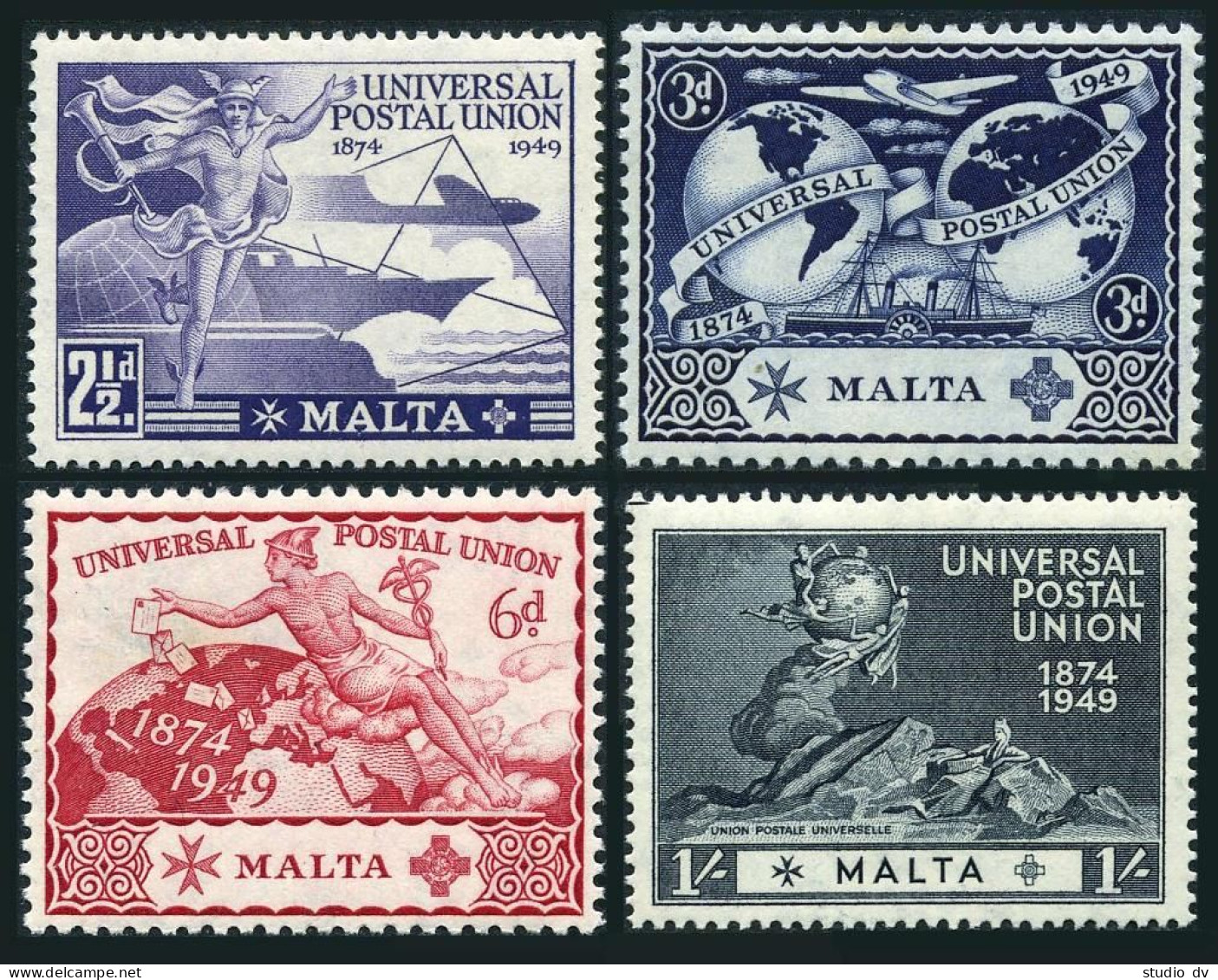 Malta 225-228, Hinged. Mi 216-219. UPU-75, 1949. Mercury, Symbol,Ship,Locomotive - Malta