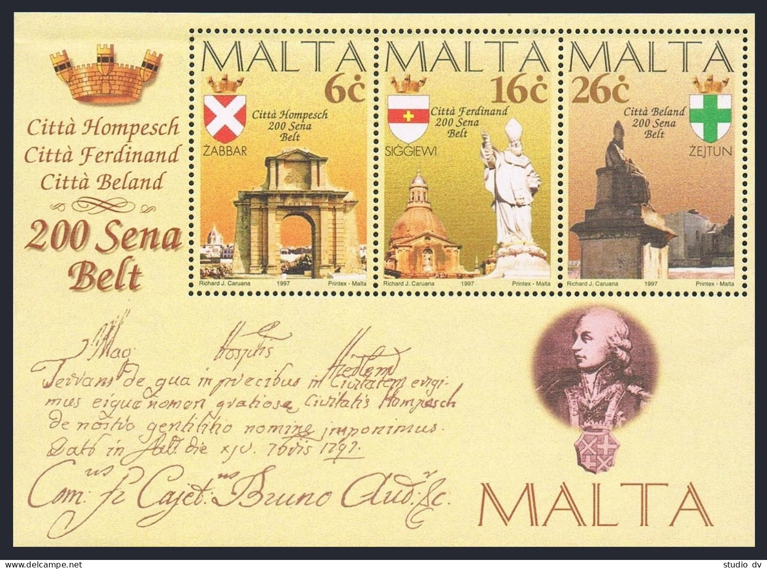 Malta 910a, MNH. Mi Bl.15. City Bicentennials, 1997. Hompesch, Ferdinand,Beland. - Malte