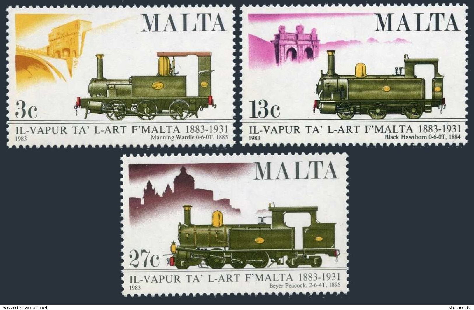 Malta 620-622, Lightly Hinged. Mi 673-675. Malta Railway-100, 1983. Locomotives. - Malte