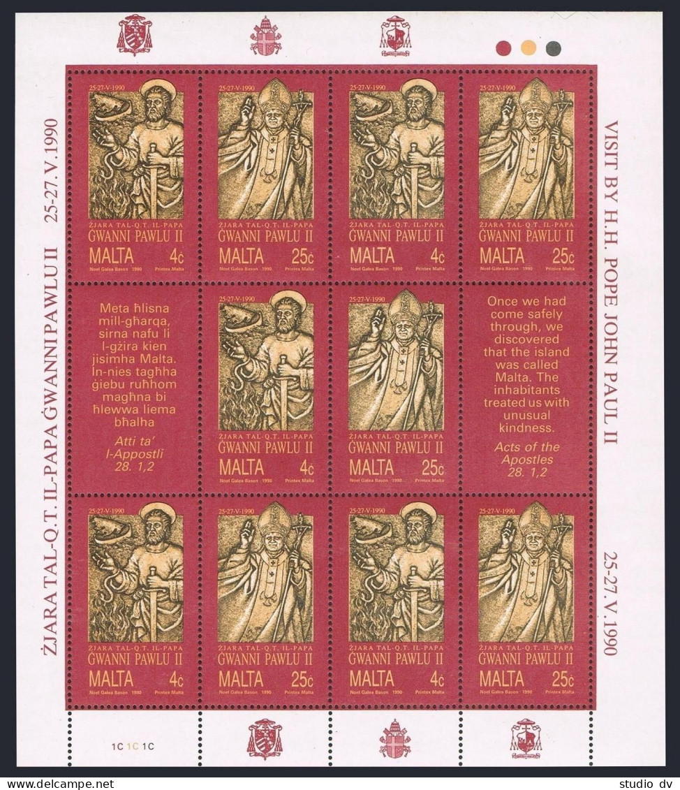 Malta 759-760,760a Sheet,MNH.Mi 841-842. Visit Of Pope John Paul II,1990.St Paul - Malte