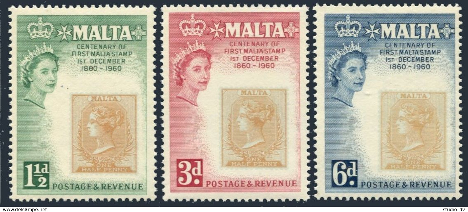 Malta 281-283,MNH.Michel 272-274. Malta's First Postage Stamp,centenary,1960. - Malte