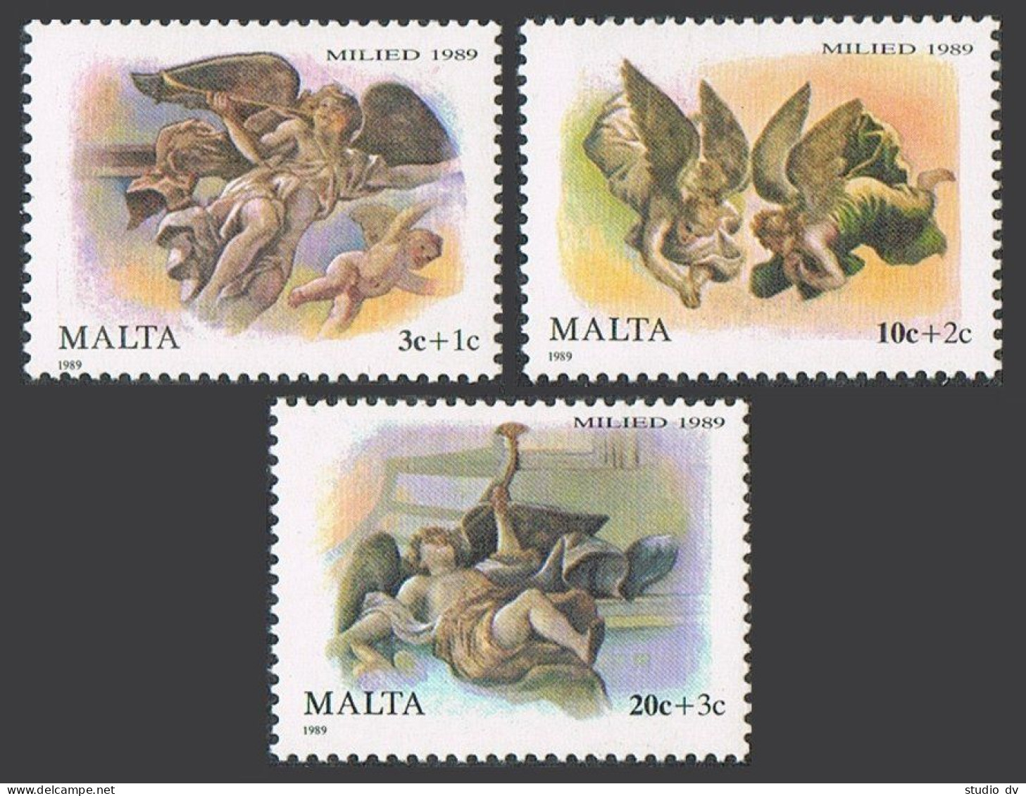 Malta B66-B68,MNH.Michel 827-829. Christmas 1989.Angels,frescoes By Mattia Preti - Malta