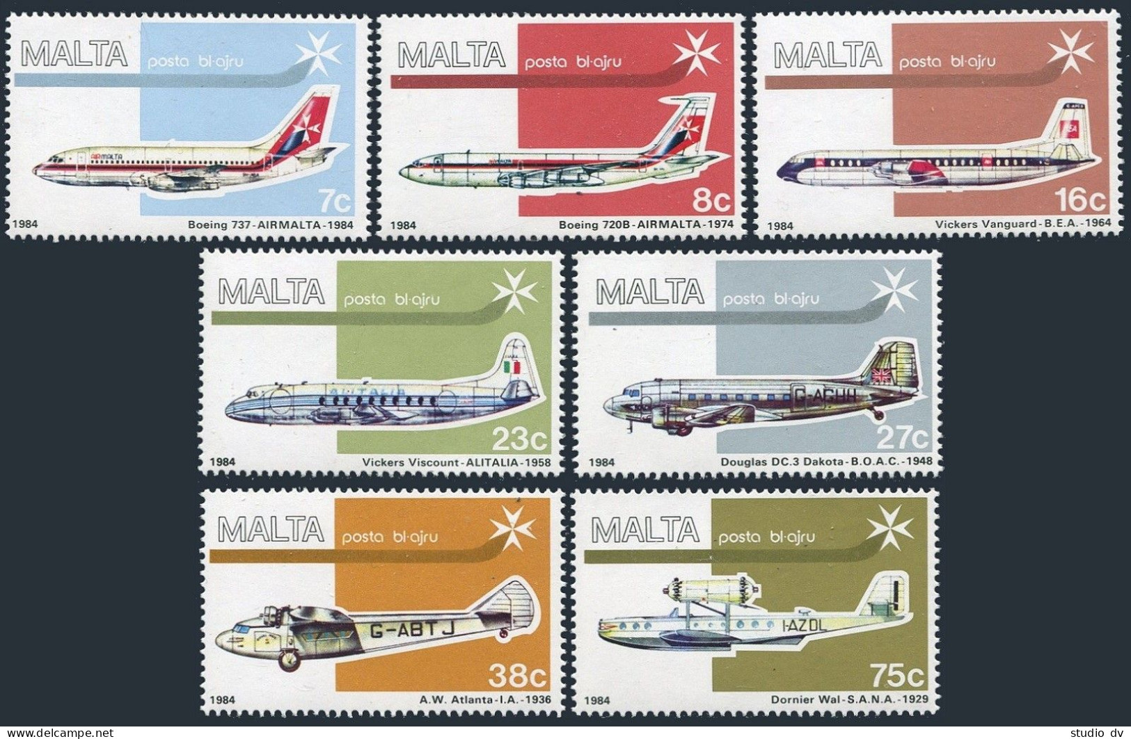 Malta C15-C21, MNH. Mi 574-579. Air Post 1984. Boeing 737,720B, Vickers, Douglas - Malta