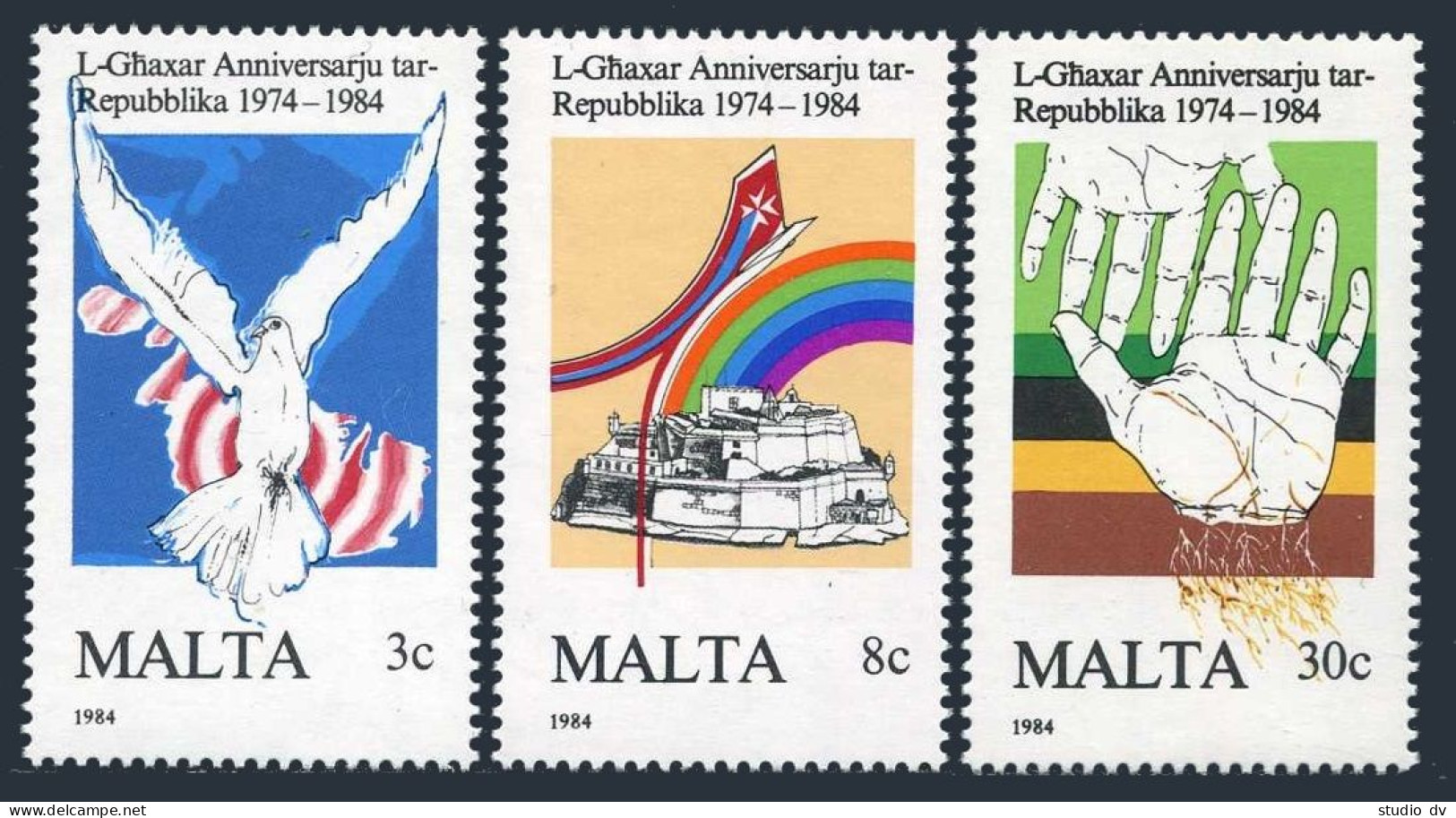 Malta 650-652, MNH. Michel 716-718. Republic-10, 1984. Dove, Map, Fortress,flag. - Malta
