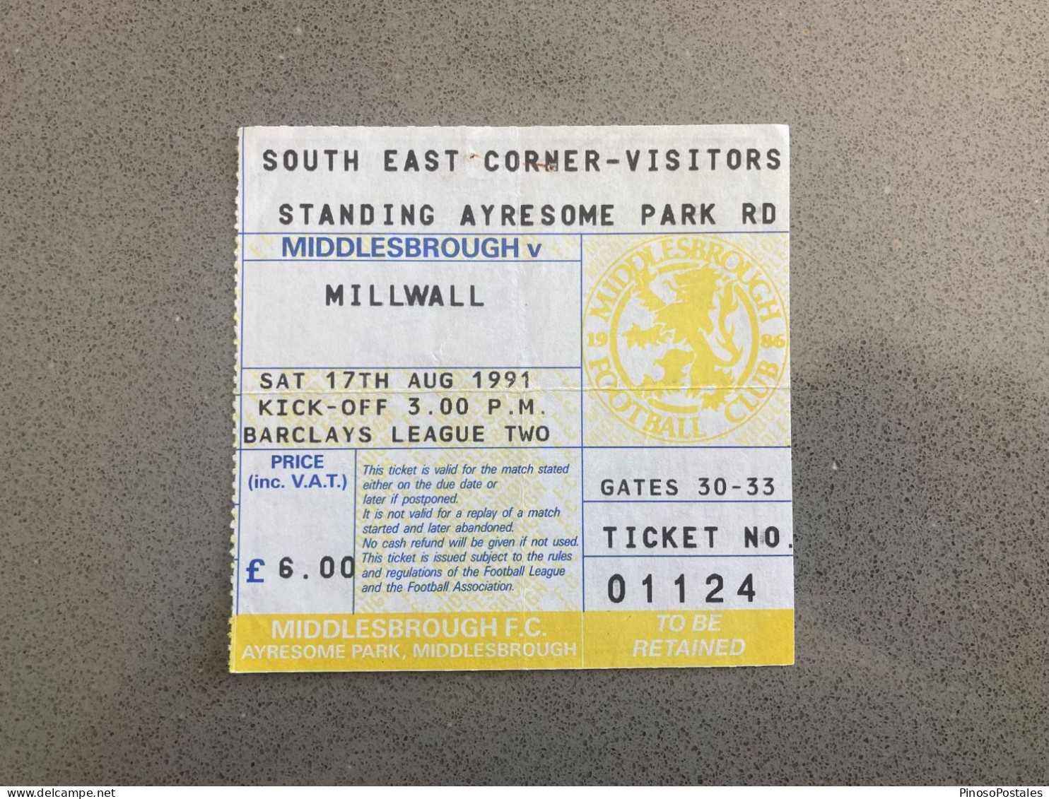 Middlesbrough V Millwall 1991-92 Match Ticket - Match Tickets