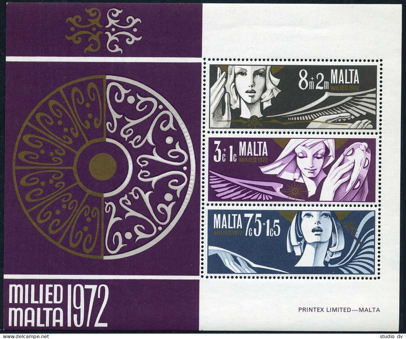 Malta B10-B12,B12a Sheet, MNH. Michel 454-456, Bl.2. Christmas 1972. Angels. - Malta