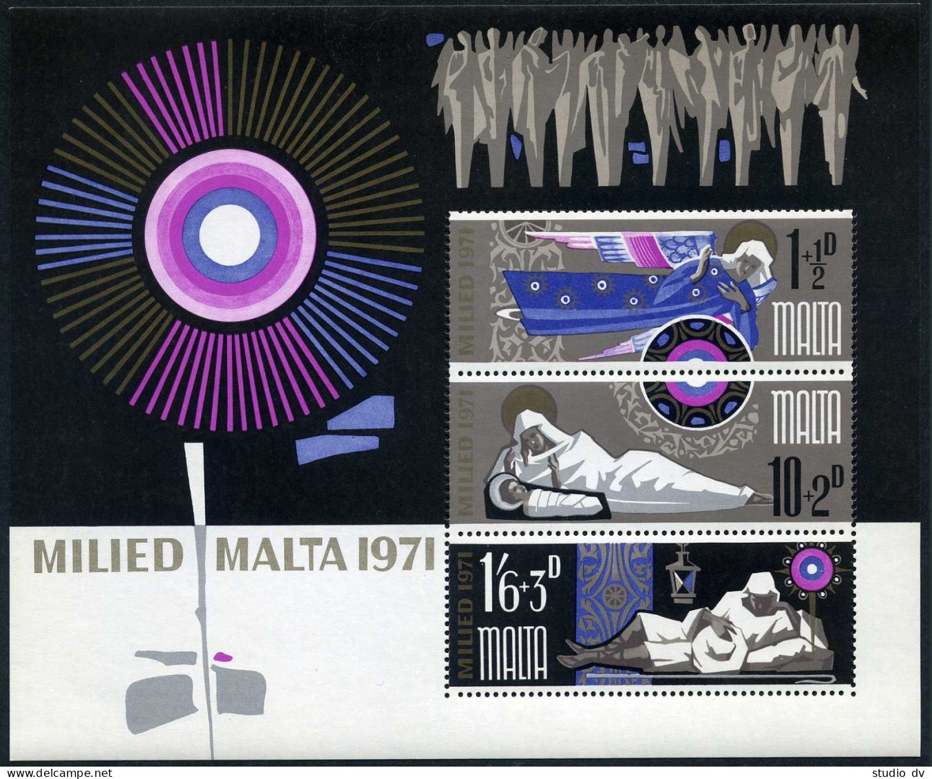 Malta B7-B9,B9a, MNH. Michel 433-435, Bl.1. Christmas 1971. Angel, Madonna-Child - Malta