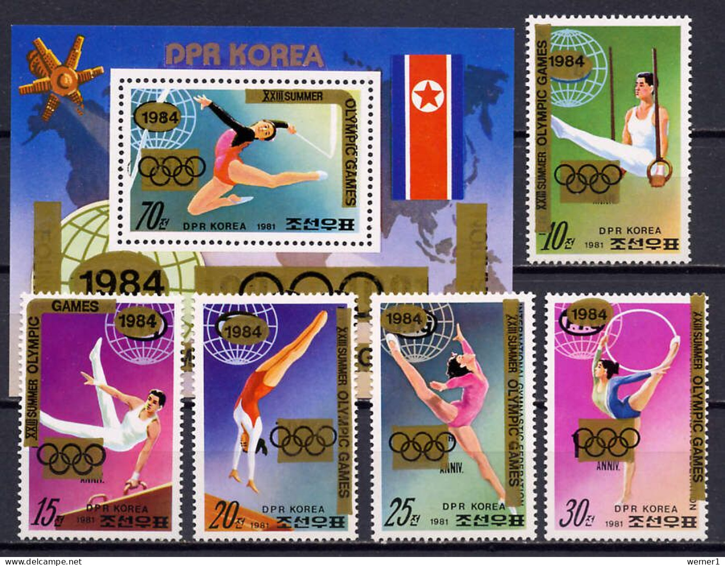 North Korea 1983 Olympic Games Los Angeles, Space, Gymnastics Set Of 5 + S/s With Golden Overprint MNH -scarce- - Verano 1984: Los Angeles