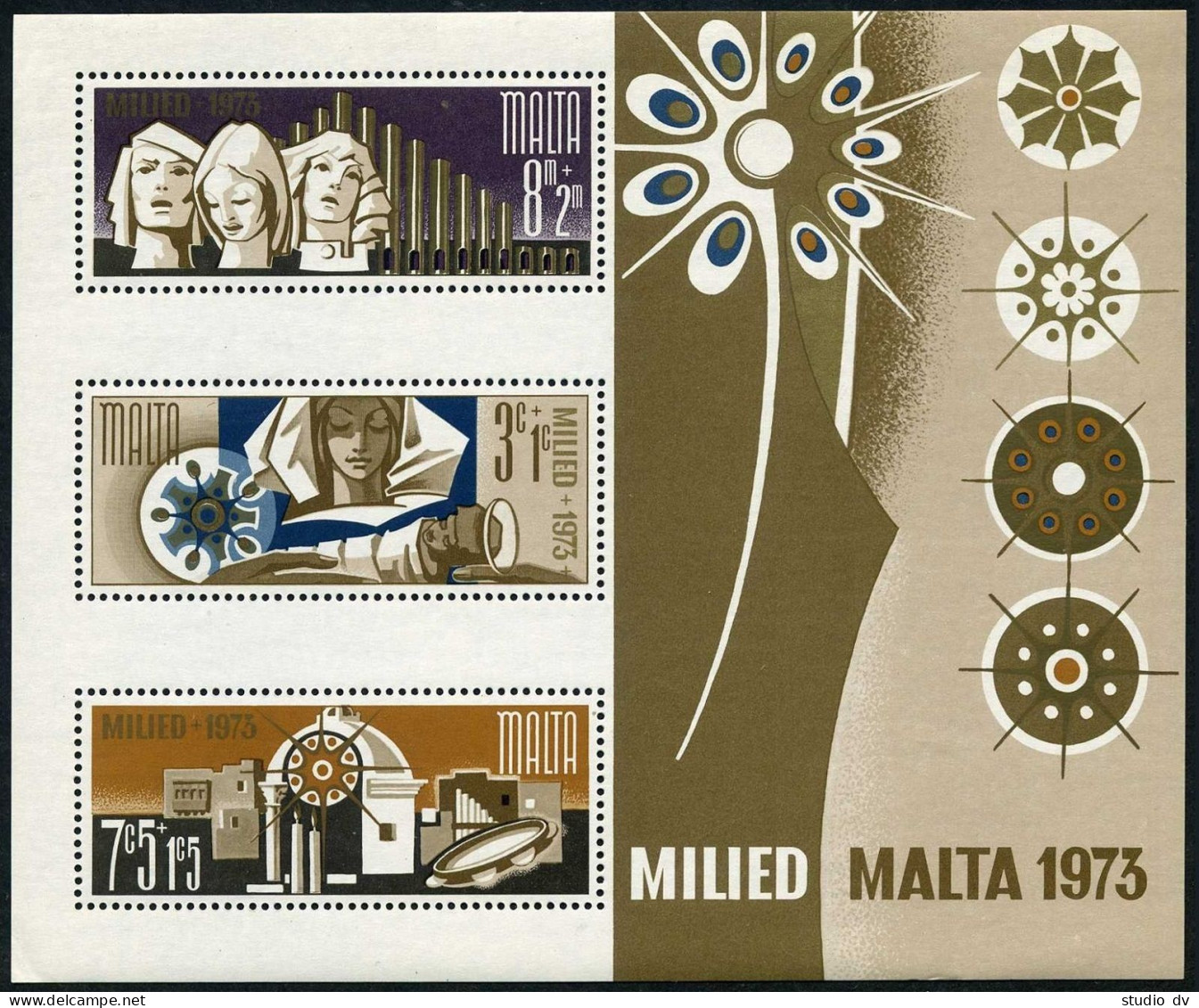 Malta B13-B15,B15a Sheet, MNH. Mi 478-480, Bl.3. Christmas 1973. Singers,Organ,  - Malta