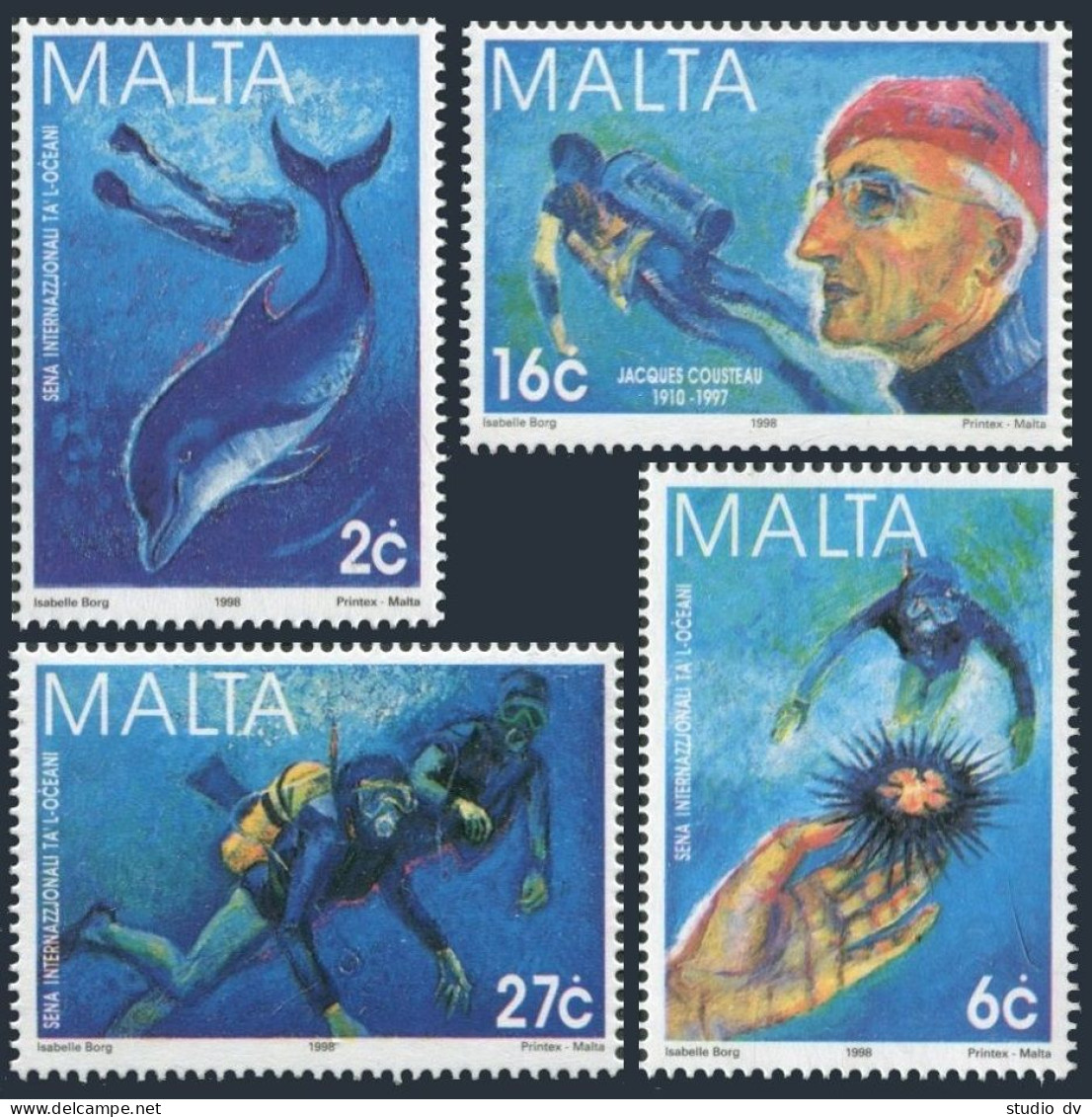 Malta 946-949, MNH. Mi 1043-1046. Divers, Dolphin, Sea Urchin, J.Cousteau. 1998. - Malta
