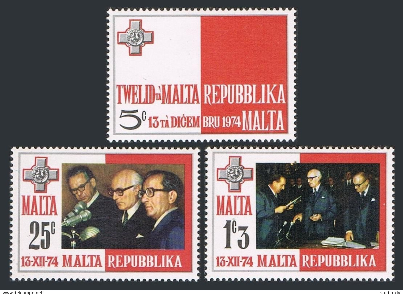 Malta 488-490, MNH. Mi 505-507. Proclamation Of Republic, 1974. Leaders, Flag. - Malte