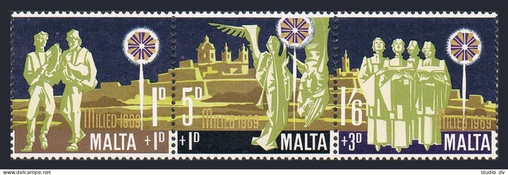 Malta B1-B3,B3a Strip, MNH. Michel 398-400. Christmas 1969. Star Of Bethlehem. - Malte