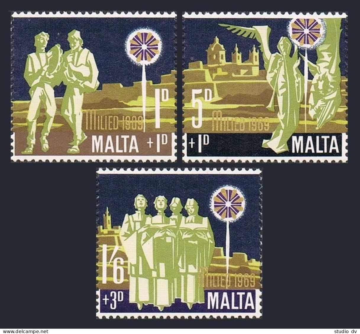Malta B1-B3,B3a Strip, MNH. Michel 398-400. Christmas 1969. Star Of Bethlehem. - Malte