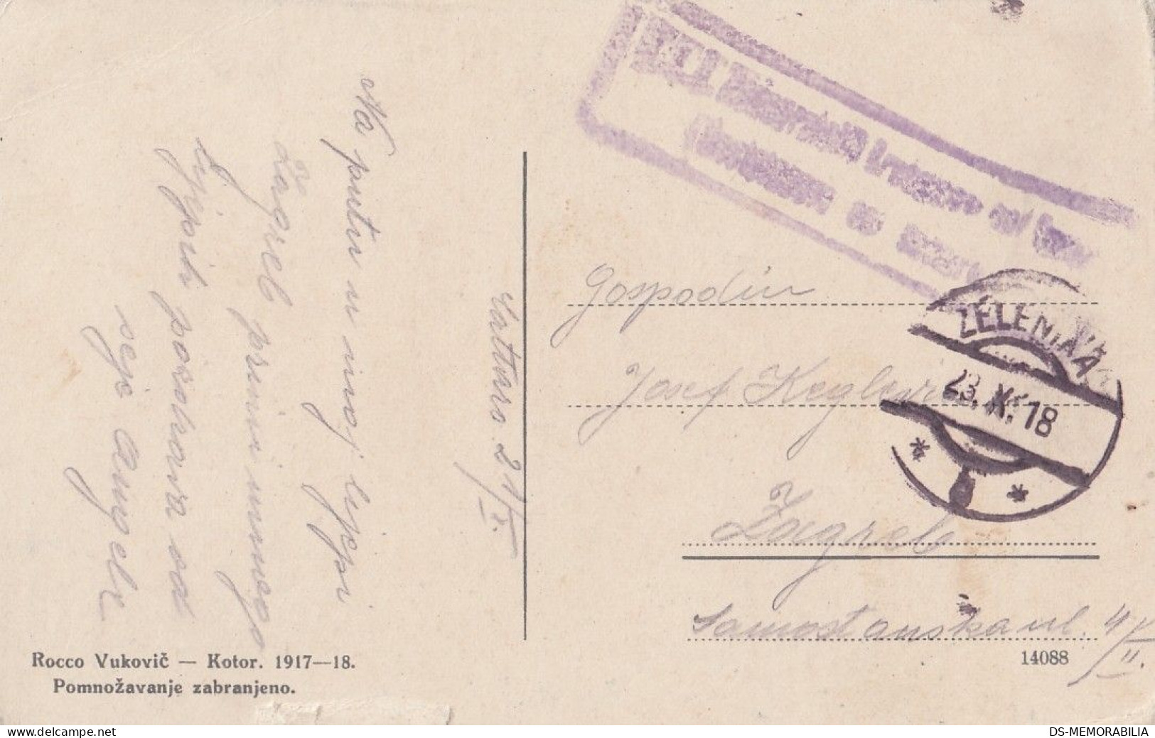 Perast 1918 Feldpost Sent From Zelenika To Zagreb Croatia - Montenegro