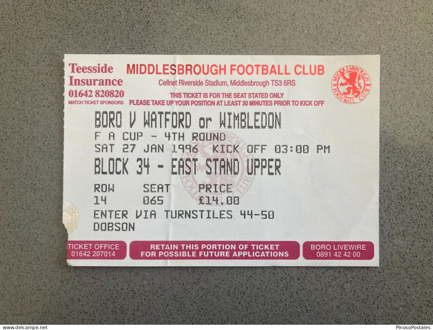 Middlesbrough V Wimbledon 1995-96 Match Ticket - Match Tickets