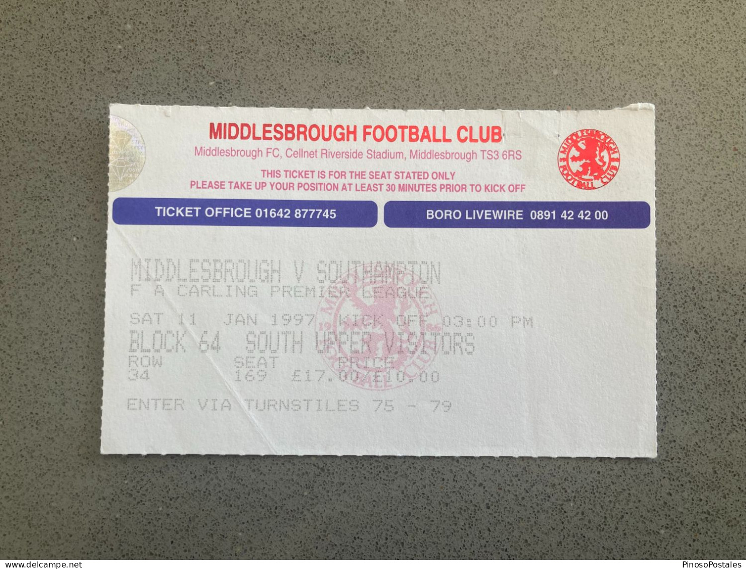 Middlesbrough V Southampton 1996-97 Match Ticket - Tickets & Toegangskaarten