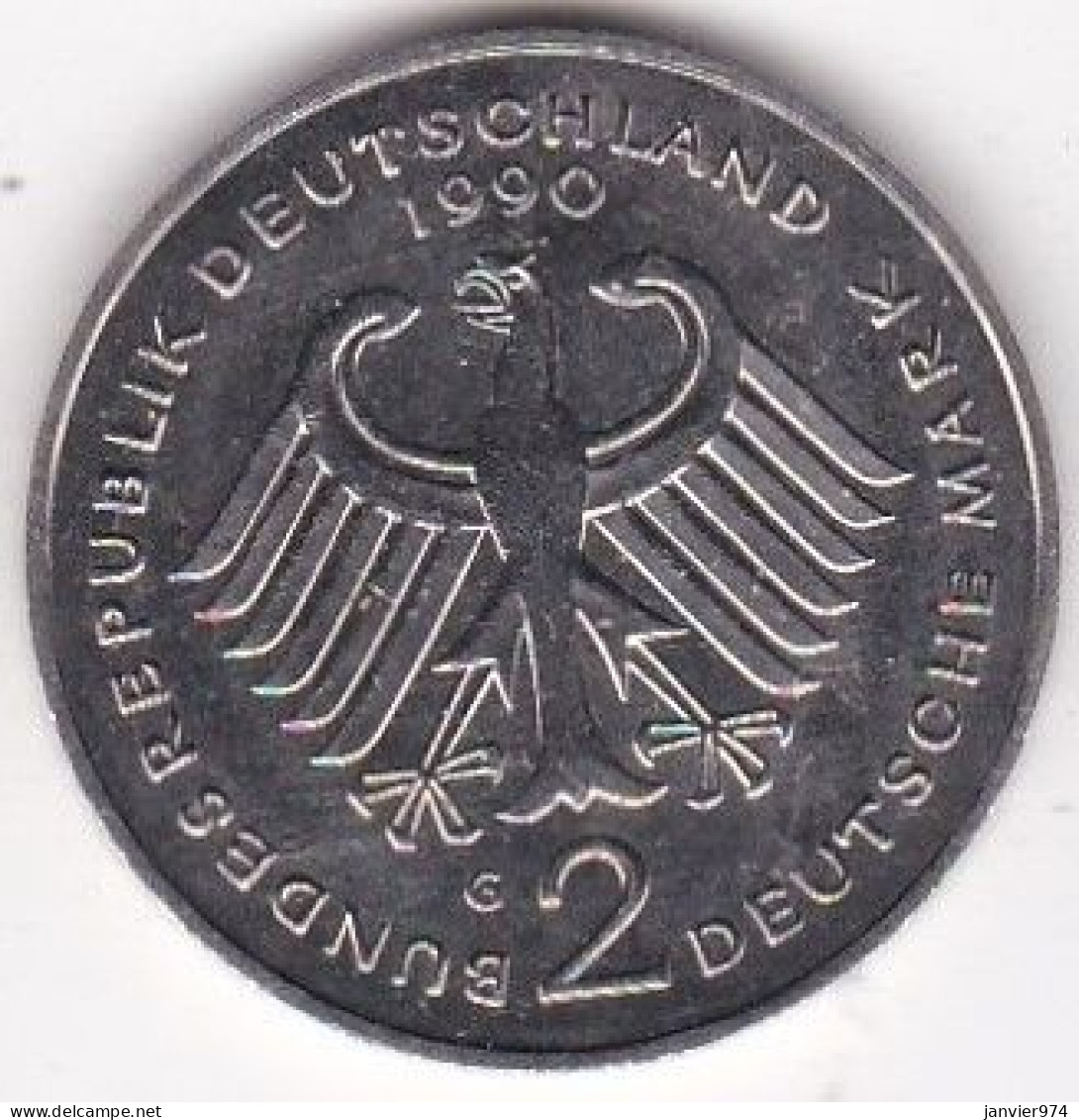 2 Deutsche Mark 1990 G KARLSRUHE. Kurt Schumacher . Cupronickel. KM# 149, UNC - 2 Marcos