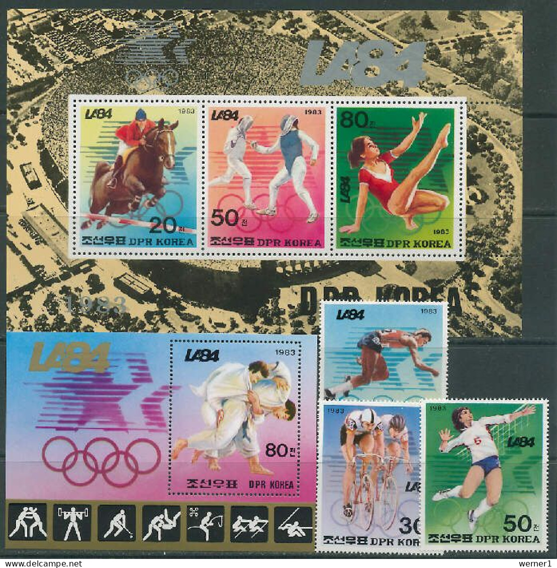 North Korea 1983 Olympic Games Los Angeles, Equestrian, Fencing, Judo, Cycling, Volleyball Etc. Set Of 3 + 2 S/s MNH - Summer 1984: Los Angeles