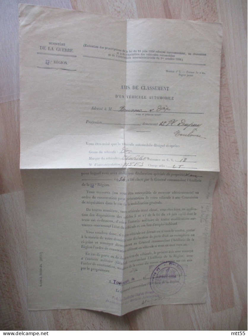 MILITARIA  CLASSEMENT VEHICULE AUTO CHEVROLET 18 CV REQUISITION  TOULOUSE - Documents