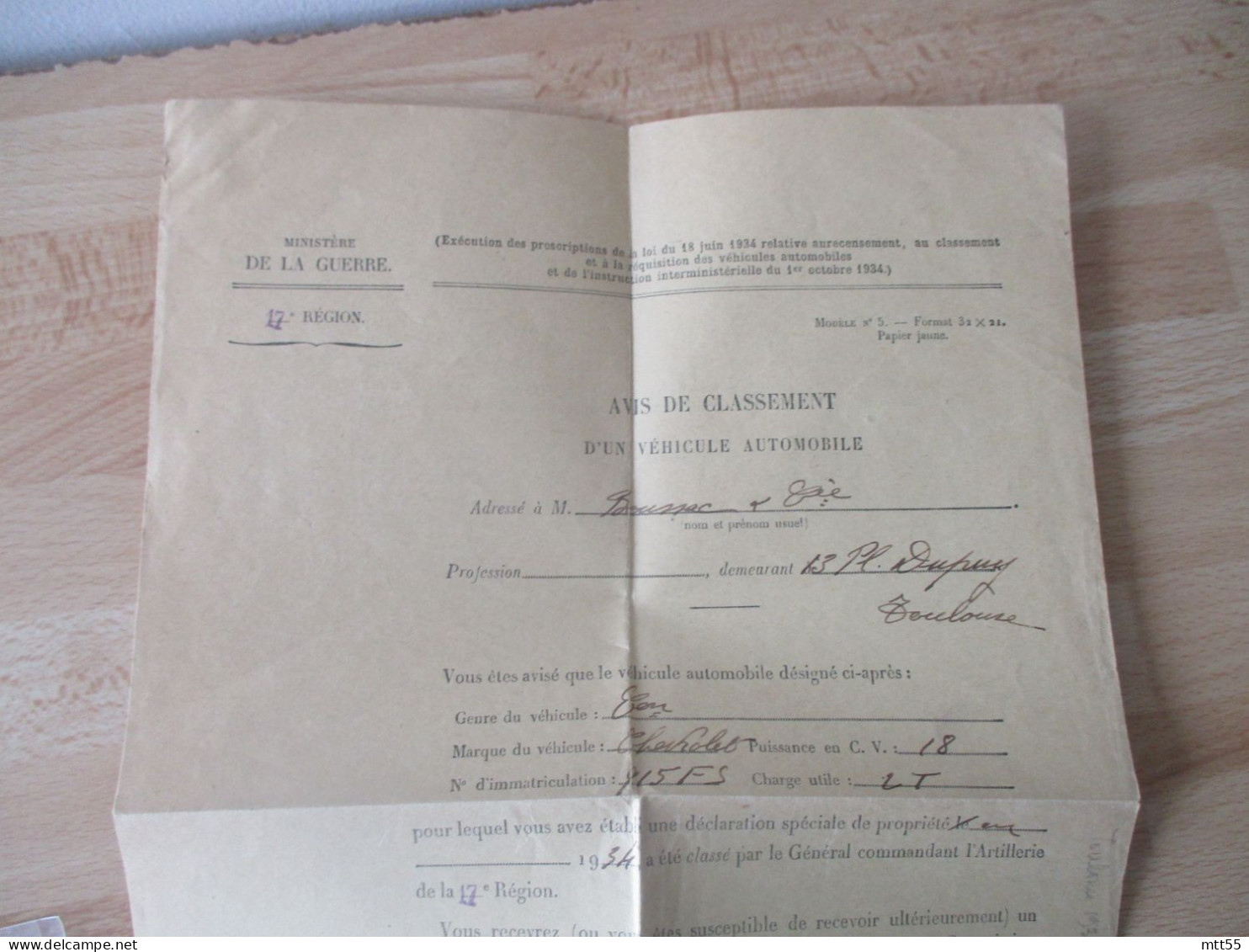 MILITARIA  CLASSEMENT VEHICULE AUTO CHEVROLET 18 CV REQUISITION  TOULOUSE - Documents