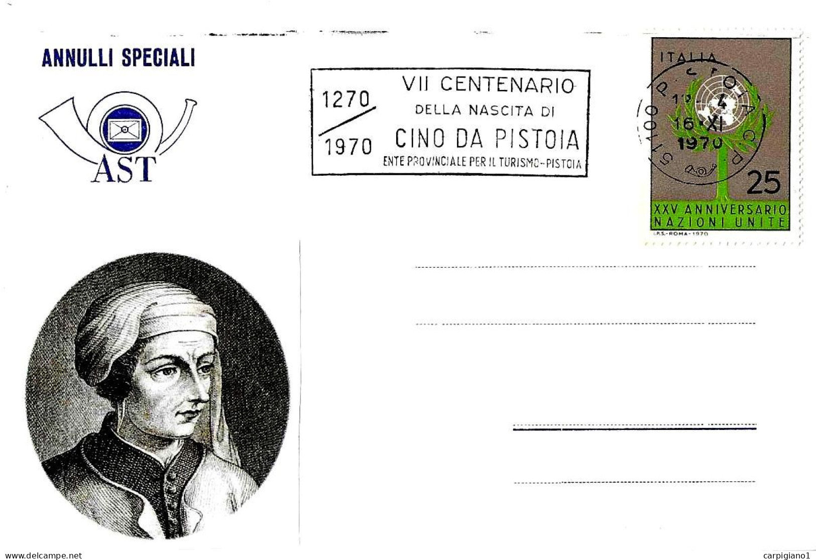 ITALIA ITALY - 1970 PISTOIA VII Cent. Nascita Di CINO DA PISTOIA Poeta - Targhetta Meccanica - 3682 - 1961-70: Poststempel