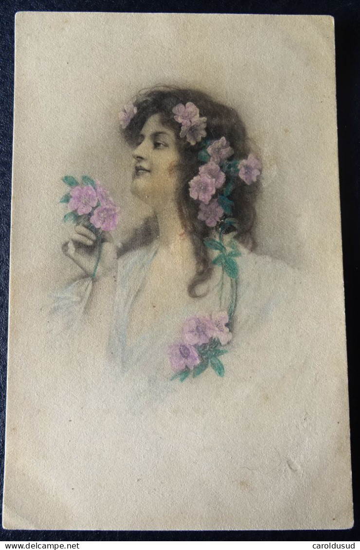 Cpa LITHO Illustrateur Vienne M.M. 322 Portrait Femme FLEUR BLEUE CHEVEUX VOYAGE 1910 QUAREGNON - Vienne