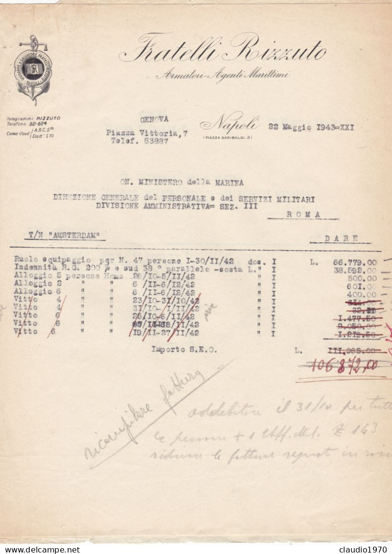 GENOVA - DOCUMENTO - FATTURA - FRATELLI RIZZUTO - ARMATORI AGENTI MARITTIMI  - 1943 - Italy